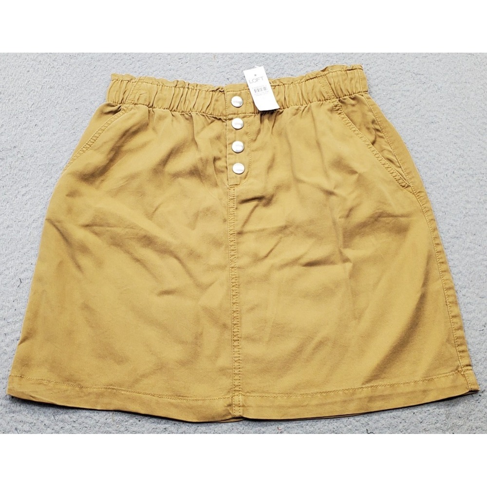 LOFT Mini Skirt Womens Small Tan Lyocell Slash Pocket Elastic Waist Button Front
